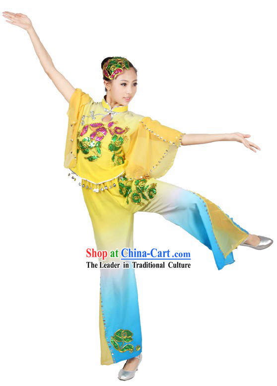 Chinese Classical Fan Dance Costume and Head Piece for Women