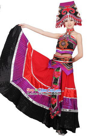 Traditional Chinese Yi Minority Dance Costume and Hat for Women
