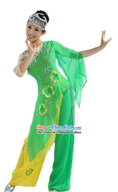 Chinese Classic Stage Performance Green Spring Dance Costumes and Headpiece