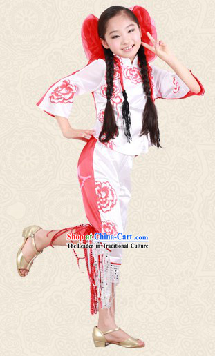 Red and White Chinese Papercut Dance Costume and Headwear for Kids