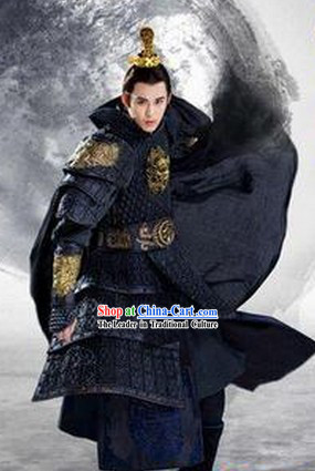 Ancient Chinese Black Knight Armor Outfit and Coronet for Men