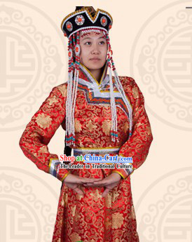 Traditional Chinese Red Ethnic Mongolian Long Robe for Women