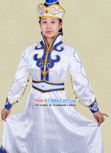 Traditional Chinese Mongolian White Stage Performance Dance Costume and Hat for Women