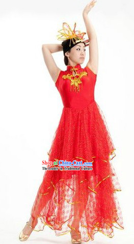 Chinese Han Minority Red Dancing Costume and Headpiece for Women