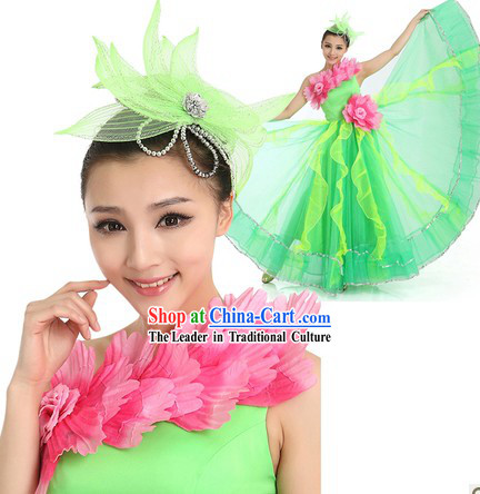 Pink and Green Lotus Dancing Costume and Hair Accessories for Women