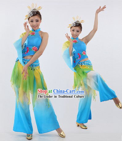 Chinese Folk Blue Dance Costume and Hair Accessories for Women