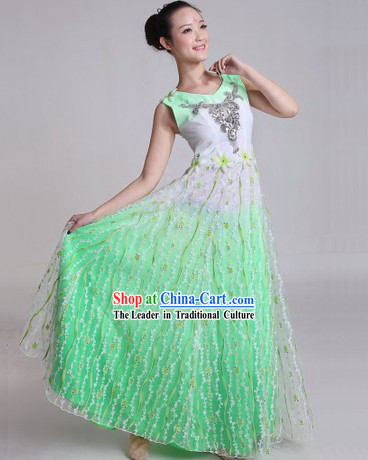 Chinese Green Chorus Costumes and Headpiece for Ladies