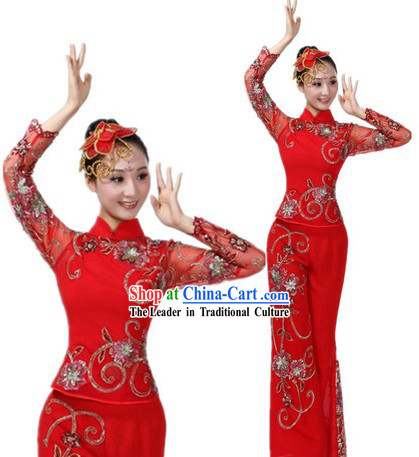 Chinese Red Fan Dance Costumes and Headpiece for Ladies