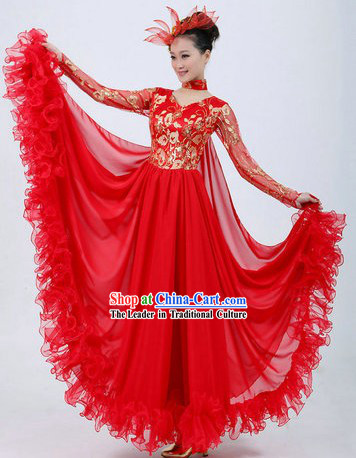 Chinese Red Modern Dance Costumes and Headpiece for Ladies