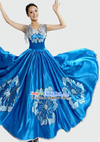 Chinese Blue Flower Skirt Dance Costumes and Headpiece