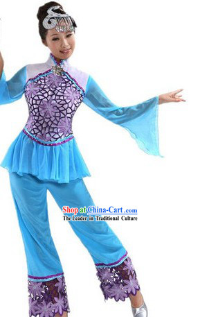Chinese Blue Stage Performance Dancing Costumes and Headpiece for Women