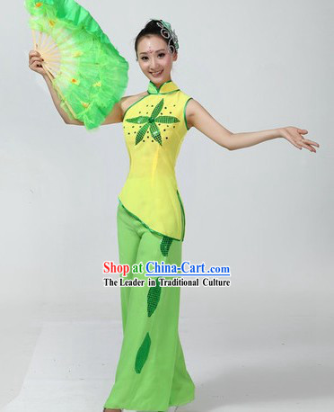 Green Stage Performance Fan Dancing Costumes and Headpiece for Women
