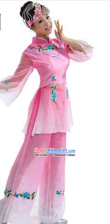 Chinese Pink Flower Dance Costumes and Headpiece for Women