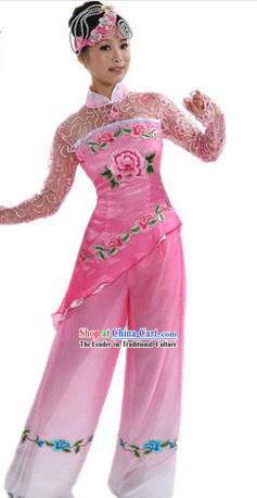 Chinese Pink Drummer Dance Costumes and Headpiece for Women