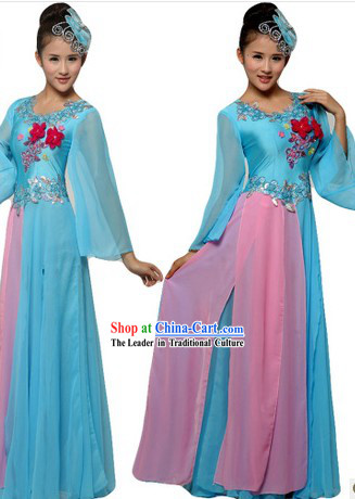 Chinese Light Blue Accompany Dance Costumes and Headpiece for Women