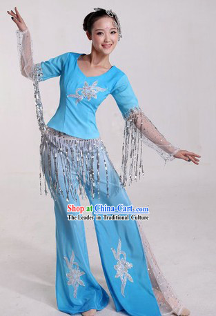Chinese Blue Fan Dance Costumes and Headpiece for Ladies