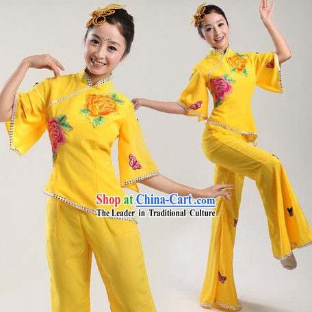Chinese Classic Yellow Yangge Dance Costumes and Headpiece for Kids