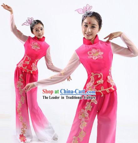 Chinese Classic Flower Fan or Ribbon Dance Costumes and Headpiece for Women