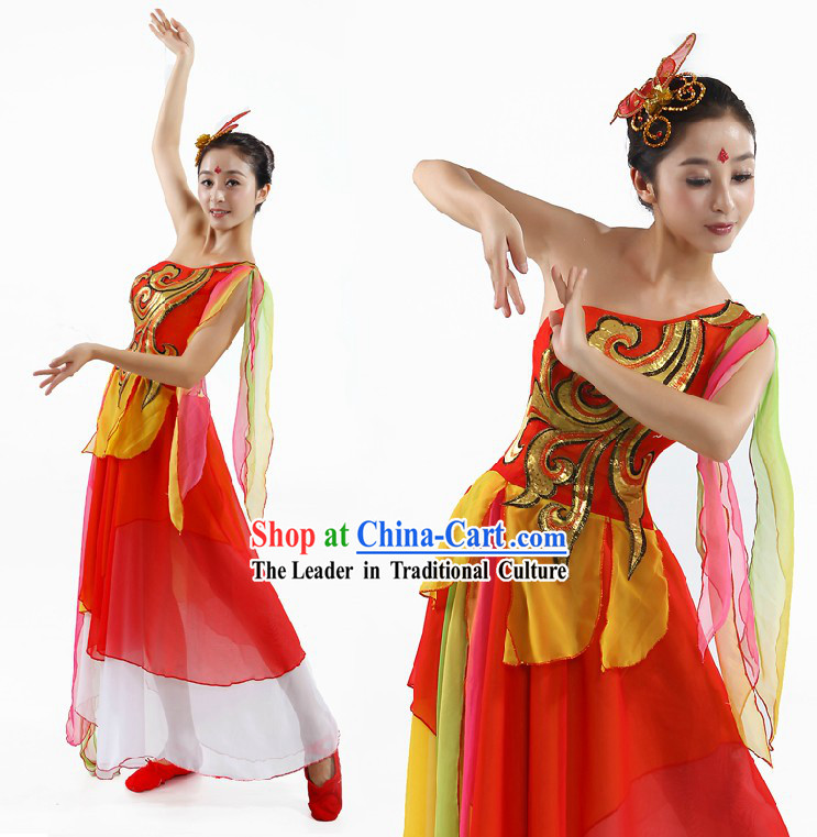 Chinese Classical Fan or Ribbon Dance Costumes and Headpiece for Women