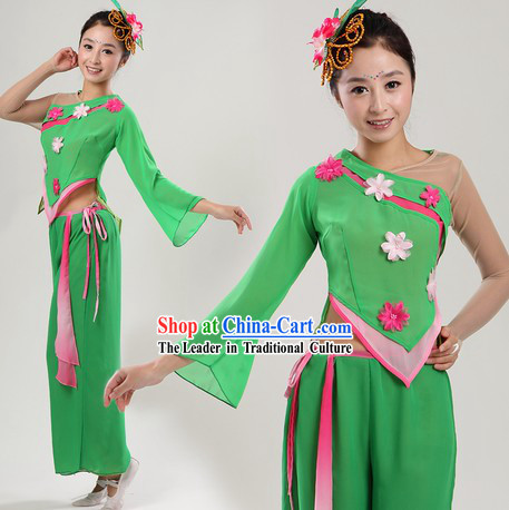 Chinese Style Green College Fan or Ribbon Dance Costume and Headpiece for Women