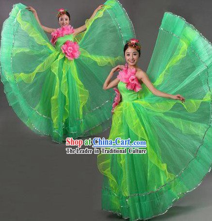 Chinese Opening Green Lotus Dance Costume and Headpiece for Women