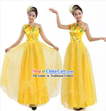 Chinese Classic Yellow Dance Costume and Headpiece for Women