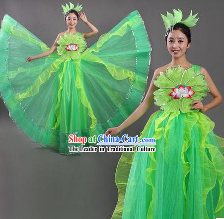 Chinese Green Dance Skirt and Headpiece for Women