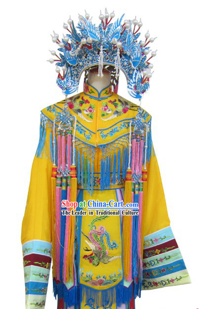 Chinese Peking Opera Yellow Empress Costumes with Sleeves and Phoenix Coronet