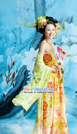 Ancient Chinese Tang Dynasty Costumes and Headdress Complete Set for Women
