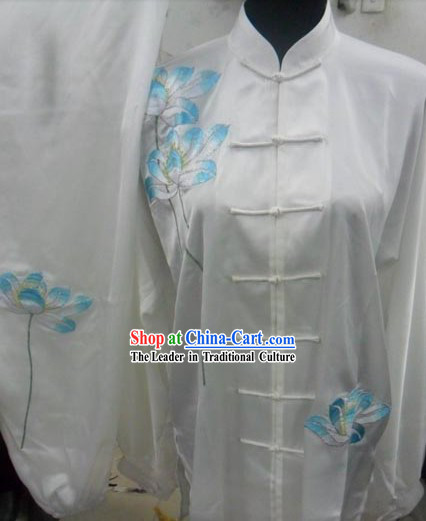 Traditional Chinese White Long Sleeves Lotus Kung Fu Uniform and Veil