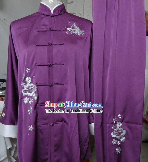 Traditional Chinese Purple Embroidered Flower Silk Kung Fu Tai Chi Uniform
