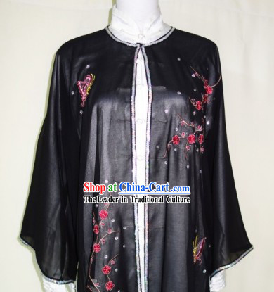 Black Embroidered Butterfly and Flower Tai Chi Blouse Pants Belt and Veil Complete Set