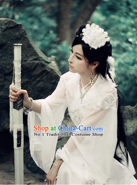 Romantic Wedding White Hanfu Dress and Hair Jewelry for Girls