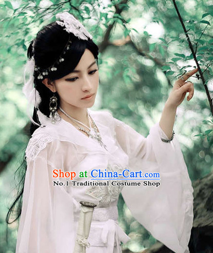 Romantic Wedding White Hanfu Dress and Hair Jewelry for Girls