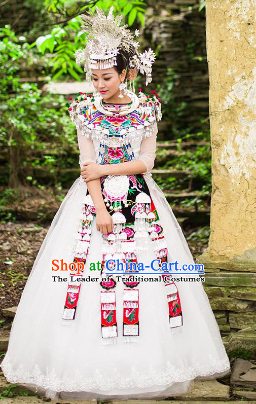 Traditional Chinese Miao Nationality Wedding Costume Accessories Crown, Necklace, Hmong Female Wedding Ethnic Pleated Dress and Phoenix Silver Headwear, Chinese Minority Nationality Embroidery Costume and Hat for Women