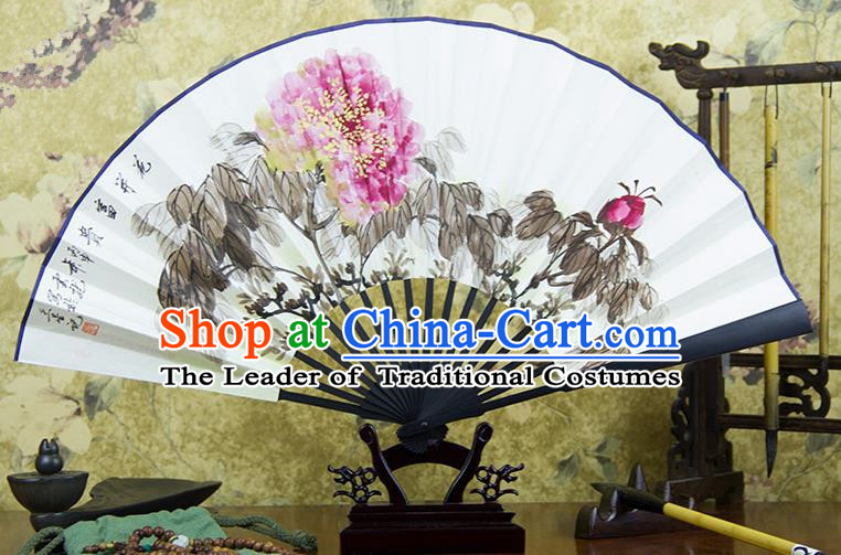 Traditional Chinese Handmade Crafts Ebonize Folding Fan, China Classical Art Paper Sensu Ink Painting Peony Xuan Paper Purple Fan Hanfu Fans for Men