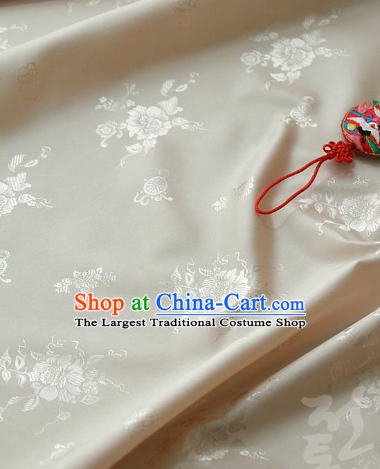 Traditional Asian Classical Peony Pattern Cloth Drapery White Brocade Korean Hanbok Palace Satin Silk Fabric