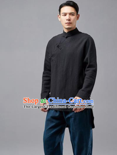 Chinese Traditional Costume Tang Suit Black Shirt National Mandarin Upper Outer Garment for Men