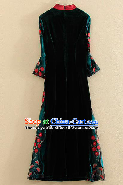 Chinese Traditional Tang Suit Embroidered Black Velvet Cheongsam National Costume Qipao Dress for Women