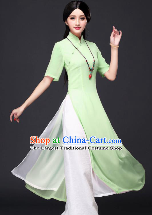 Traditional Chinese Classical Green Veil Cheongsam National Costume Tang Suit Qipao Dress for Women