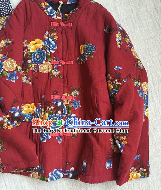 Chinese Traditional Tang Suit Printing Peony Purplish Red Cotton Wadded Jacket National Upper Outer Garment Costume for Women