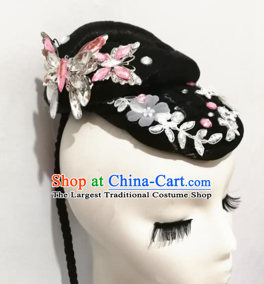 Traditional Chinese Classical Dance Colorful Butterflies Flying Hair Accessories Water Sleeve Dance Wig Chignon Headdress for Women