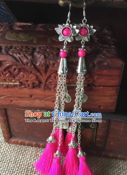 Chinese Traditional Ethnic Pink Tassel Ear Accessories Miao Nationality Silver Lotus Earrings for Women