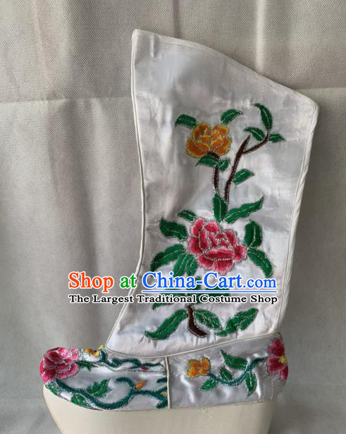 Chinese Beijing Opera Female White Boots Traditional Peking Opera Blues Embroidered Shoes for Women