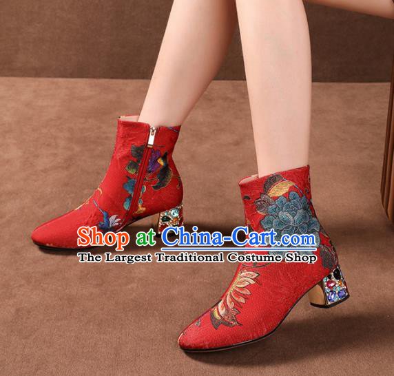 Traditional Chinese Handmade Embroidered Red Boots National High Heel Shoes for Women