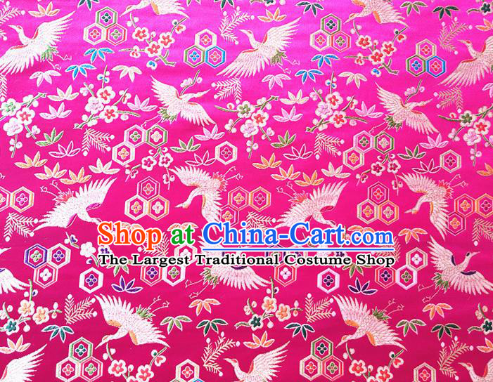 Asian Japan Traditional Plum Crane Pattern Design Rosy Brocade Damask Fabric Kimono Satin Material