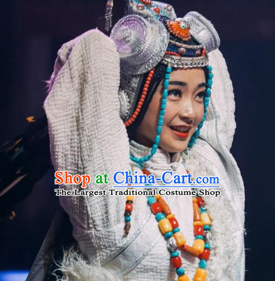 Chinese Encounter Shangri La Impression Tibetan Ethnic Dance White Robe Stage Performance Costume and Headpiece for Women