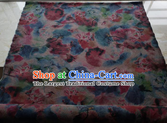 Traditional Chinese Classical Lotus Pattern Blue Gambiered Guangdong Gauze Silk Fabric Ancient Hanfu Dress Silk Cloth