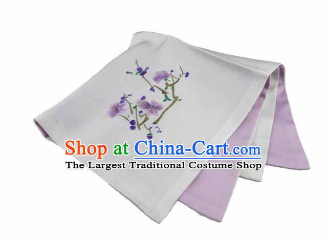 Chinese Traditional Handmade Embroidery Plum White Silk Handkerchief Embroidered Hanky Suzhou Embroidery Noserag Craft