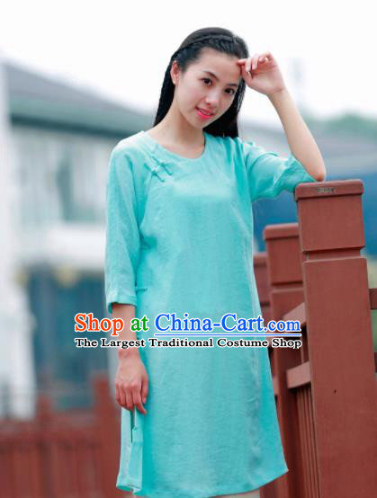 Chinese Traditional Tang Suit Green Flax Blouse Classical Dress Costume for Women